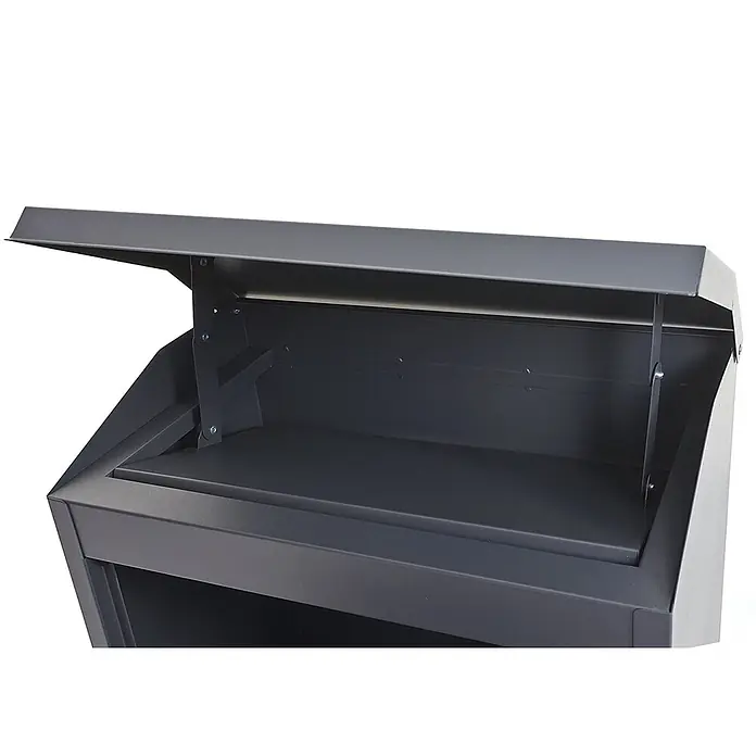 Mendler XXL Briefkasten HWC-H26 52x44x25cm - anthrazit-schwarz -  - Dunkelgrauer Metall-Paketkasten mit geöffnetem Deckel, der den Innenraum und den Scharniermechanismus zeigt.