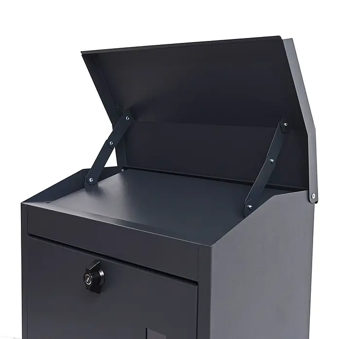 Mendler XXL Briefkasten HWC-H26 52x44x25cm - anthrazit-schwarz -  - Dunkelgraue Metall-Paketbox, Deckel offen, mit Scharnieren und Innenraum. Schloss an der Vorderseite sichtbar.