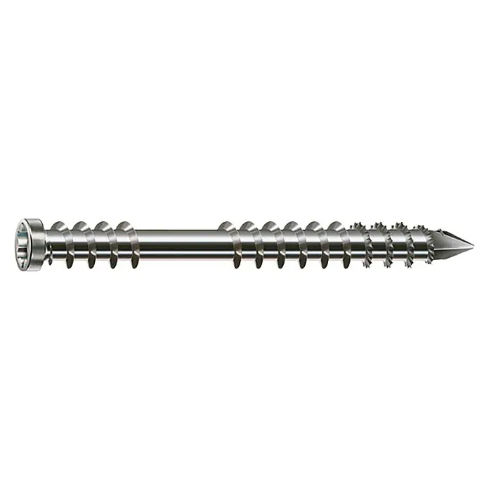 Spax Terrassenschraube T-Star Plus - Ø x L: 5 x 60 mm, Edelstahl rostfrei A2, Blank, 50 Stk. - Nahaufnahme einer langen, silberfarbenen Holzschraube mit scharfer Spitze und Torx-Antrieb. Ideal für robuste Holzverbindungen.
