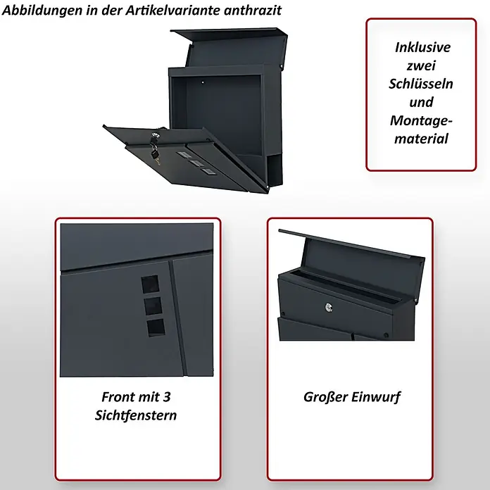 Mendler Briefkasten HWC-B28, pulverbeschichtet - schwarz -  - Anthrazitfarbener Briefkasten mit drei Sichtfenstern und großem Einwurf. Inklusive zwei Schlüsseln und Montagematerial.