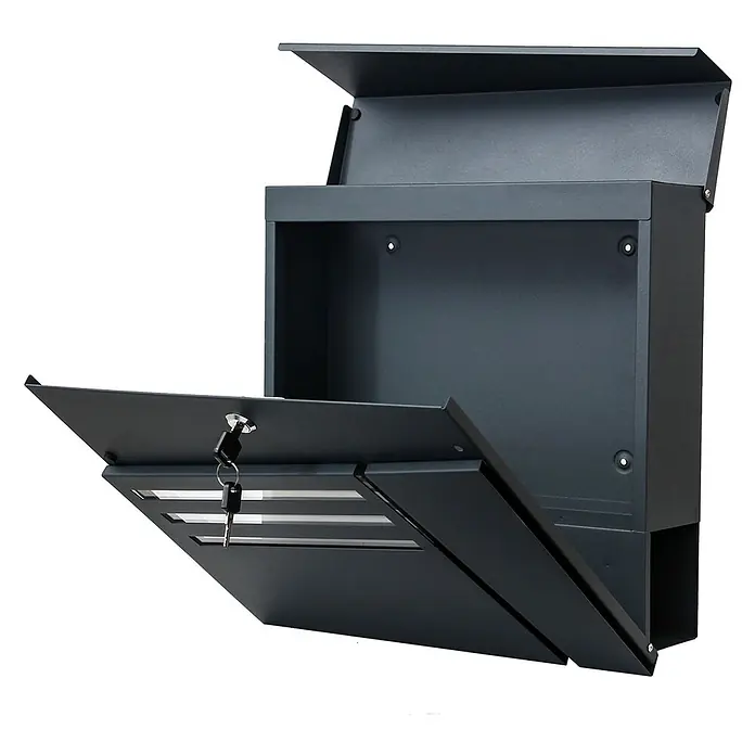 Mendler Briefkasten HWC-B28,pulverbeschichtet ~ anthrazit -  - Dunkelgrauer Metallbriefkasten mit geöffneter Oberklappe und Fronttür, Schlüssel am Schloss hängend.