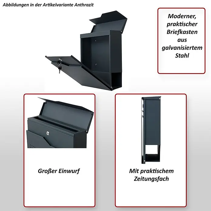 Mendler Briefkasten HWC-B30, pulverbeschichtet - schwarz -  - Moderner Briefkasten aus anthrazitfarbenem, verzinktem Stahl mit großem Einwurf und praktischem Zeitungsfach.