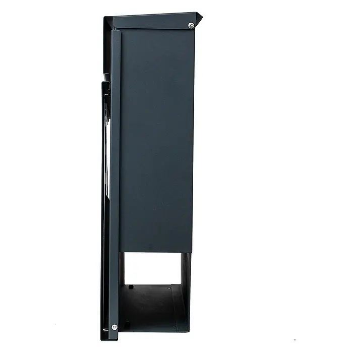 Mendler Briefkasten HWC-B28,pulverbeschichtet ~ anthrazit -  - Dunkelgrauer Metallbriefkasten, Seitenansicht, mit schrägem Dach und offenem Bodenfach für Post.