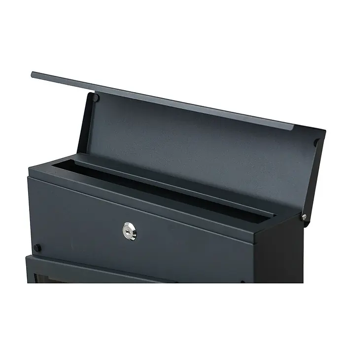 Mendler Briefkasten HWC-B28,pulverbeschichtet ~ anthrazit -  - Dunkelgrauer Metallbriefkasten mit geöffnetem Deckel, zeigt den Einwurfschlitz und ein Schlüsselschloss.