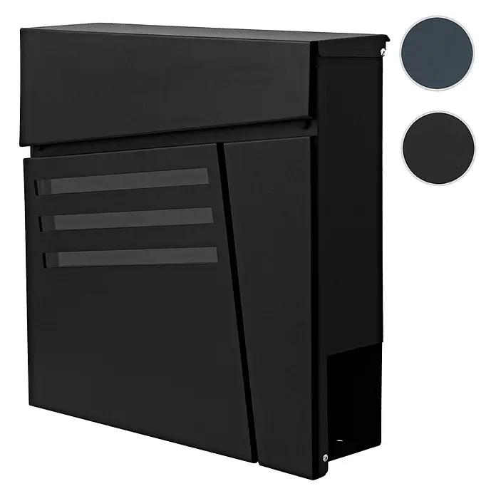 Mendler Briefkasten HWC-B28, pulverbeschichtet - schwarz -  - Moderne schwarze Metall-Briefkasten mit obenliegendem Einwurfschlitz, einer Vordertür mit drei transluzenten Streifen und einem unteren Fach, mit Farbmuster.