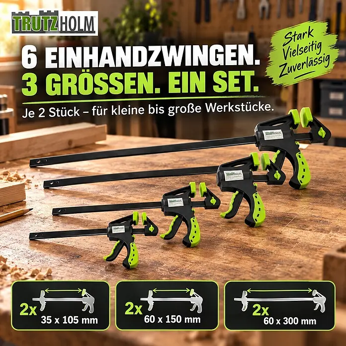 TRUTZHOLM 6x Einhandzwinge 3 Größen Schnellspannzwinge 35x105 mm 60x150 mm 60x300 mm -  - Sechs schwarze und grüne Einhandzwingen (je zwei Stück in drei Größen: 35x105mm, 60x150mm, 60x300mm) auf einer Holzwerkbank, bereit für Holzarbeiten.