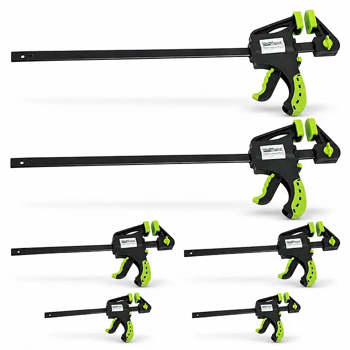 TRUTZHOLM 6x Einhandzwinge 3 Größen Schnellspannzwinge 35x105 mm 60x150 mm 60x300 mm -  - Mehrere schwarze und lindgrüne F-Zwingen in verschiedenen Größen.