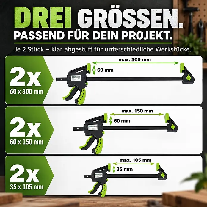 TRUTZHOLM 6x Einhandzwinge 3 Größen Schnellspannzwinge 35x105 mm 60x150 mm 60x300 mm -  - Set aus 6 schwarzen und limettengrünen Schraubzwingen in drei Größen (2x 300mm, 2x 150mm, 2x 105mm) für verschiedene Klemmarbeiten.