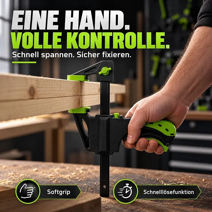 TRUTZHOLM 6x Einhandzwinge 3 Größen Schnellspannzwinge 35x105 mm 60x150 mm 60x300 mm -  - Eine Hand bedient eine schwarz-grüne Schnellspannzwinge, die zwei Holzbretter auf einer Werkbank sicher hält.