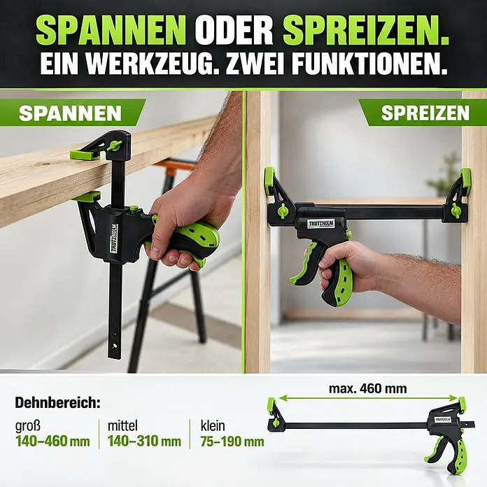 TRUTZHOLM 6x Einhandzwinge 3 Größen Schnellspannzwinge 35x105 mm 60x150 mm 60x300 mm -  - Schwarzes und grünes Spann- und Spreizwerkzeug, in Anwendung an Holz für zwei Funktionen. Abmessungen und Größenangaben sind auch sichtbar.