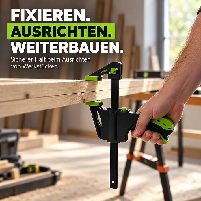 TRUTZHOLM 6x Einhandzwinge 3 Größen Schnellspannzwinge 35x105 mm 60x150 mm 60x300 mm -  - Eine Person nutzt eine schwarz-grüne Einhandzwinge, um zwei Holzbretter zu fixieren.