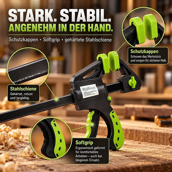 TRUTZHOLM 6x Einhandzwinge 3 Größen Schnellspannzwinge 35x105 mm 60x150 mm 60x300 mm -  - Schwarz-grüne F-Zwinge mit Schutzkappen und Softgrip-Griff, auf Holzplanken in einer Werkstatt liegend.