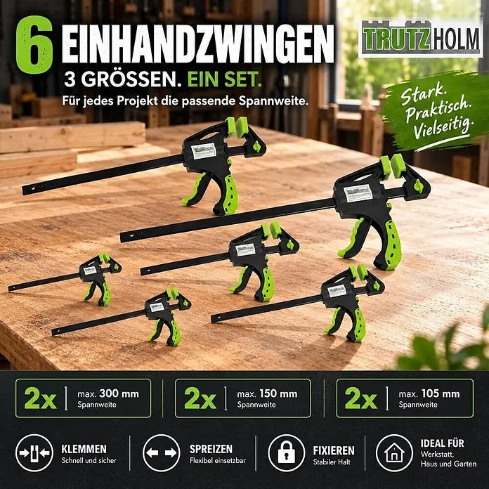 TRUTZHOLM 6x Einhandzwinge 3 Größen Schnellspannzwinge 35x105 mm 60x150 mm 60x300 mm -  - Set aus 6 schwarzen und grünen Einhandzwingen in drei verschiedenen Größen, auf Holzuntergrund.