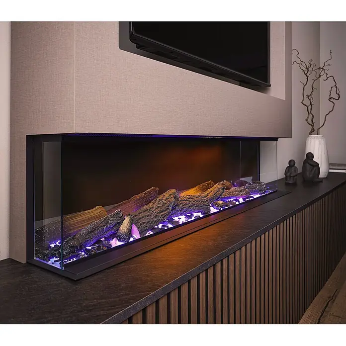 Focalpoint Chimenea eléctrica Eccentra 1250 - L x An x Al: 22,3 x 126,6 x 24,4 cm - Chimenea eléctrica moderna con leños artificiales y ascuas violetas, integrada en una consola multimedia bajo una TV.
