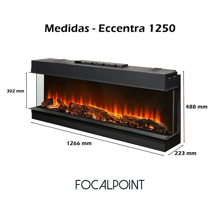 Focalpoint Chimenea eléctrica Eccentra 1250 - L x An x Al: 22,3 x 126,6 x 24,4 cm - Chimenea eléctrica negra con leños artificiales y efecto llama, medidas 1266x488x223 mm (AnxAlxP).