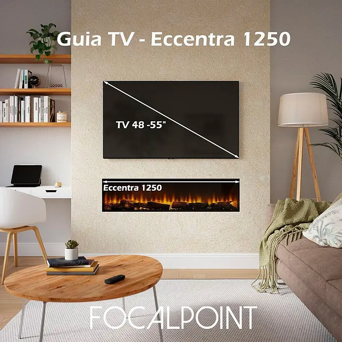 Focalpoint Chimenea eléctrica Eccentra 1250 - L x An x Al: 22,3 x 126,6 x 24,4 cm - Chimenea eléctrica Eccentra 1250 bajo un TV (48-55 pulgadas) en salón moderno, destacando integración y escala.