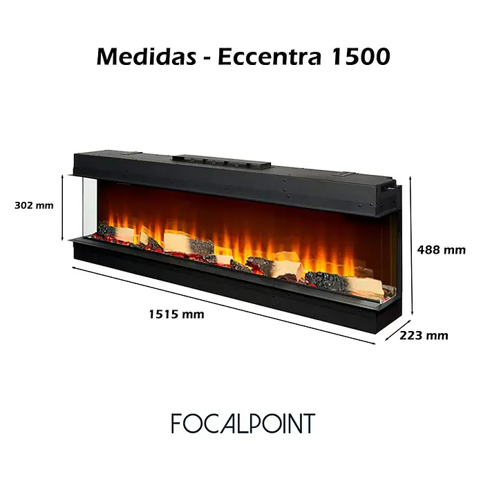 Focalpoint Chimenea eléctrica Eccentra 1500 - L x An x Al: 22,3 x 151,5 x 24,4 cm - Chimenea eléctrica negra Eccentra 1500, con medidas: 1515mm largo, 488mm alto, 223mm fondo, llamas y troncos simulados.