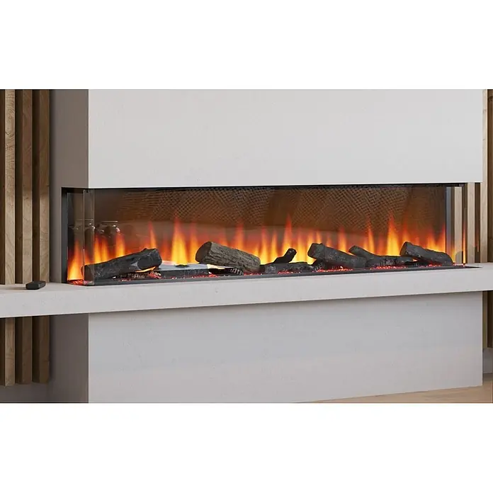 Focalpoint Chimenea eléctrica Eccentra 1500 - L x An x Al: 22,3 x 151,5 x 24,4 cm - Chimenea eléctrica moderna y ancha con marco blanco, frontal de cristal, efectos de llama realistas y leños oscuros. Integrada en un diseño de pared elegante.