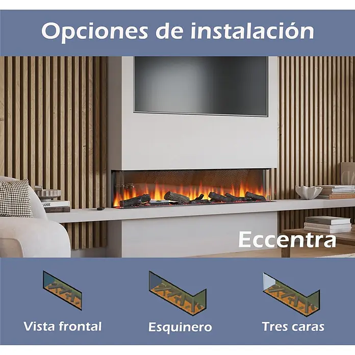 Focalpoint Chimenea eléctrica Eccentra 1250 - L x An x Al: 22,3 x 126,6 x 24,4 cm - Chimenea eléctrica "Eccentra", mostrando opciones de instalación frontal, esquinero y tres caras, integrada en un espacio moderno.