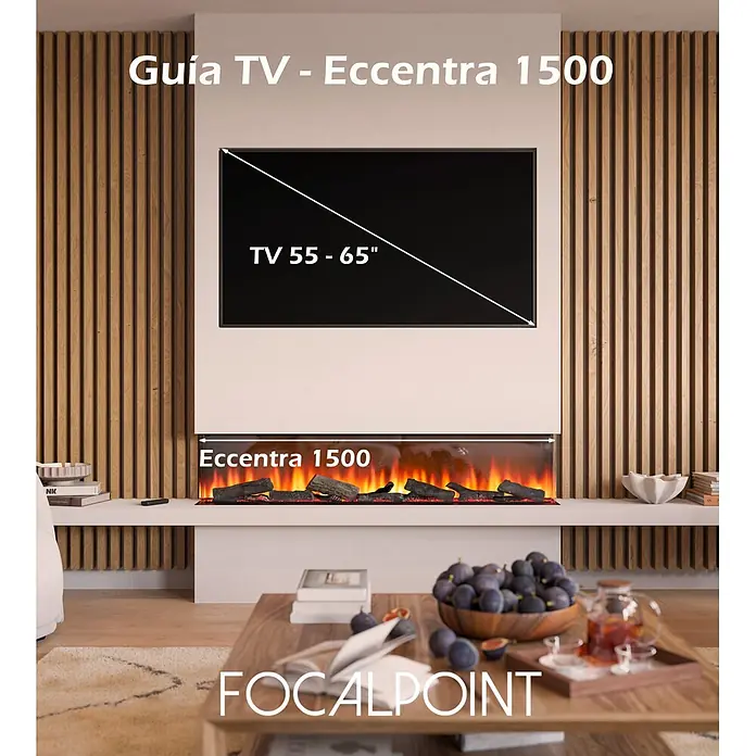 Focalpoint Chimenea eléctrica Eccentra 1500 - L x An x Al: 22,3 x 151,5 x 24,4 cm - Salón moderno con TV de pared sobre chimenea eléctrica integrada con efecto leña, en una consola de color claro.
