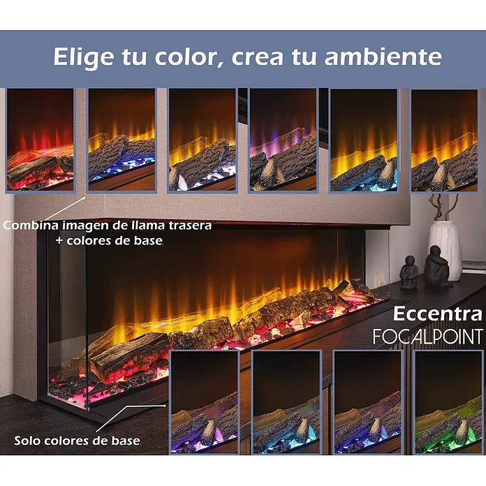 Focalpoint Chimenea eléctrica Eccentra 1250 - L x An x Al: 22,3 x 126,6 x 24,4 cm - Chimenea eléctrica moderna con troncos realistas, mostrando llamas y base de colores personalizables.