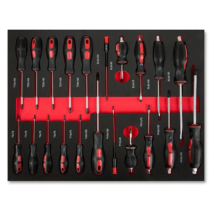 EBERTH Werkzeugkoffer Werkzeug-Set 134-tlg., 4 Einlagen, KFZ & Werkstatt, rot -  - Ein Satz Schraubendreher mit schwarzen und roten ergonomischen Griffen, in einer schwarzen Schaumstoffeinlage organisiert. Enthält verschiedene Torx-, Schlitz- und Kreuzschlitztypen.