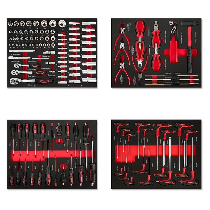 EBERTH Werkzeugkoffer Werkzeug-Set 134-tlg., 4 Einlagen, KFZ & Werkstatt, rot -  - Ein umfassender Werkzeugsatz mit Ratschen, Stecknüssen, Zangen, Schraubendrehern und Inbusschlüsseln, organisiert in schwarzen Schaumstoffeinlagen. Alle Werkzeuge haben rot-schwarze Griffe.