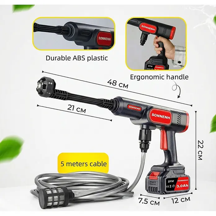SONNENH Akku-Hochdruckreiniger - 2 Akkus - Schwarz-roter Akku-Hochdruckreiniger aus robustem ABS-Kunststoff mit ergonomischem Griff und 5-Meter-Kabel.