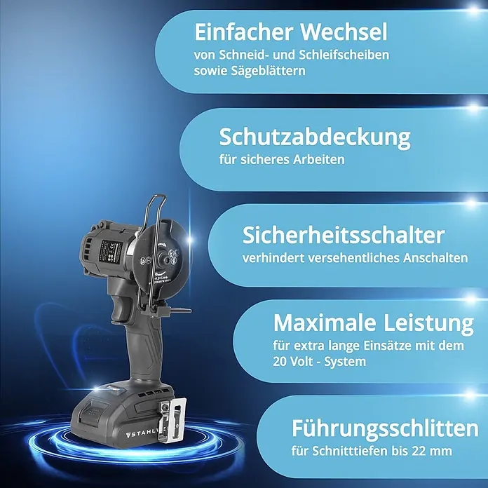 STAHLWERK Akku-Winkelschleifer Mini-Akku-Winkelschleifer MAW-20 ST – 2 Ah Akku - 20 V, 1 Akku, 20 U/min - Dunkelgraues Akku-Trenngerät mit Batterie, Schutzabdeckung und Trennscheibe.