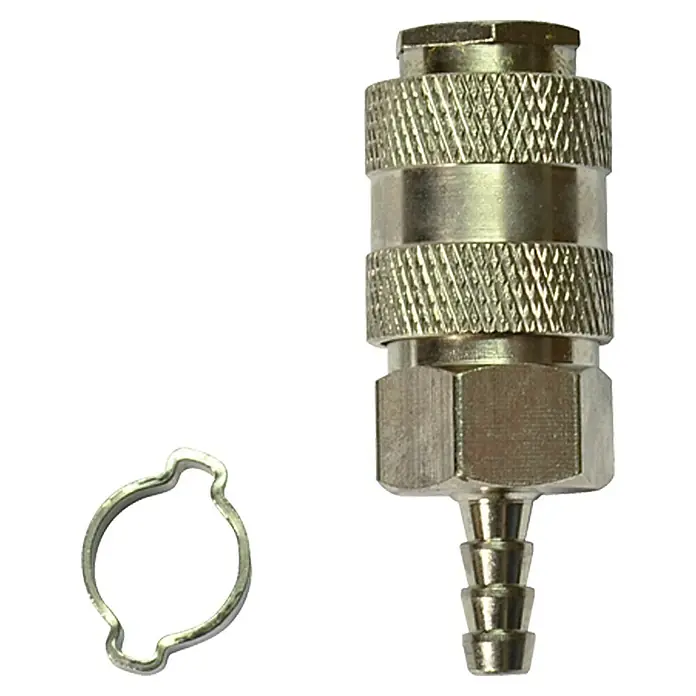 Craftomat Schlauchkupplung Universal - 6 x 11 mm - Abbildung einer Schnellkupplung mit Schlauchanschluss und einer Schlauchschelle, ideal für Druckluftwerkzeuge und andere Anwendungen.