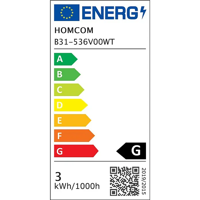 HOMCOM-Tischlampe-15L x 15B x 31,5H cm-Weiß -  - HOMCOM B31-536V00WT Energielabel mit Effizienzklasse G und 3 kWh/1000h Verbrauch.
