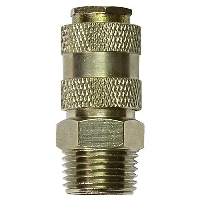Craftomat Kupplung Universal - ½″ (Außengewinde) - Nahaufnahme eines goldenen Schnellkupplungssteckers mit Gewinde, ideal für Druckluftwerkzeuge und -systeme.