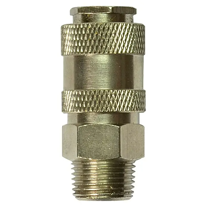 Craftomat Kupplung Universal - ⅜″ (Außengewinde) - Detailaufnahme eines robusten, goldenen Metall-Schnellkupplungsstücks, ideal für Druckluftsysteme und Werkstattanwendungen.