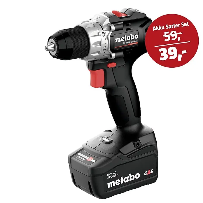 Metabo CAS 18V Maschinen-Set - Akku-Bohrschrauber BS 18 Black Edition + 39€ Akku-Basis-Set - Metabo BS 18 BL Edition Akku-Bohrschrauber in Schwarz-Silber mit roten Akzenten, betrieben mit einem 18V 4.0 LiPOWER Akku.