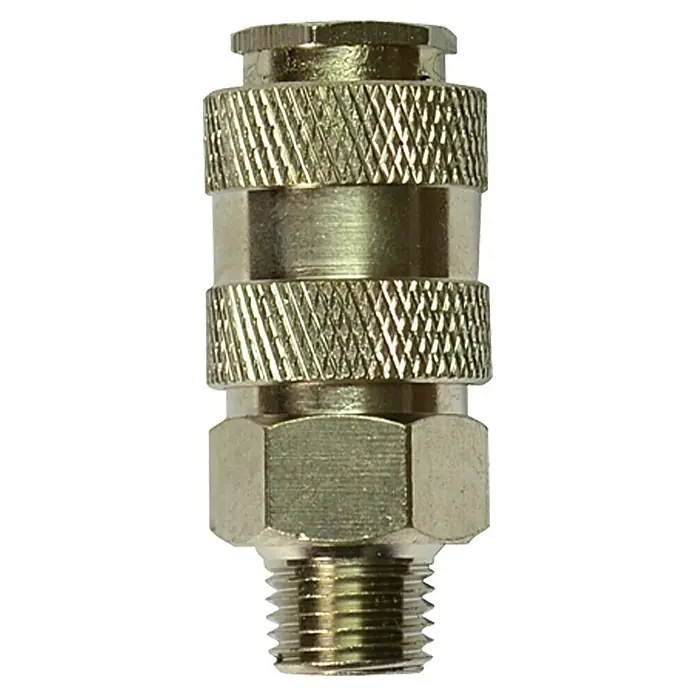 Craftomat Kupplung Universal - ¼″ (Außengewinde) - Nahaufnahme eines Schnellkupplungssteckers mit Außengewinde, ideal für Druckluftsysteme und pneumatische Anwendungen.