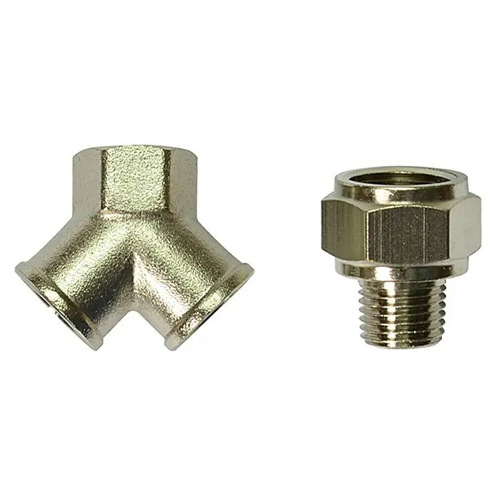 Craftomat Verteiler 2-fach - ½″ (Außengewinde) - Abbildung eines Y-Verbindungsstücks und eines Nippelanschlussstücks aus Metall, die für Sanitär- oder Heizungsanwendungen verwendet werden.