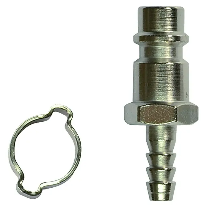 Craftomat Stecktülle - 6 x 11 mm - Das Bild zeigt eine Schnellkupplung aus Metall mit einem Clip. Es handelt sich um ein Zubehörteil für Druckluftsysteme.