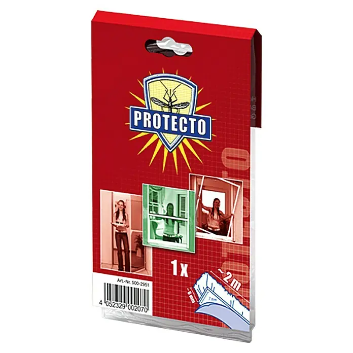 Easy Life Dichtungsbürste - Länge: 2 m, Schwarz - Verpackung der PROTECTO Fliegengitter für Fenster, mit einem Mückensymbol und Produktbildern.