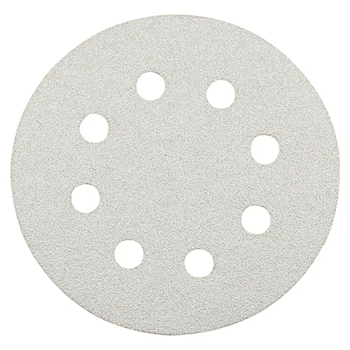 Craftomat Haftschleifscheiben-Set - Durchmesser: 125 mm, 25 -tlg. - Ein Schleifscheibe mit Löchern in Nahaufnahme. Ideal für Schleifarbeiten, das Schleifpapier ist präzise und vielseitig einsetzbar.
