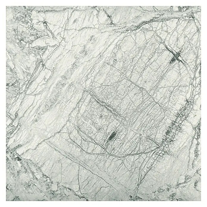 Resopal Umleimer - Raja White, 182 x 4,4 cm - Nahaufnahme einer quadratischen Marmorfliese mit komplexen grauen und weißen Wirbelmustern und natürlichen Texturen.