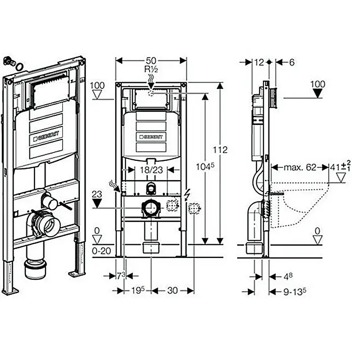 Geberit Duofix WC-Vorwandelement 111.300.00.6 - 2-Mengen-Spülung, 12 x 50 x 112 cm - Eine schematische Darstellung einer Geberit-Installationseinheit mit detaillierten Maßangaben für Sanitärinstallationen.