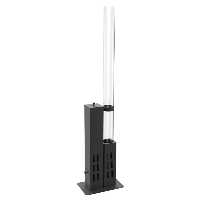 Feuerrohr - Höhe: 124,5 cm, Glas - Dunkelgrauer Pelletsofen mit hohem, klarem Glasflammenrohr und Lüftungsschlitzen, für Außenbereiche.