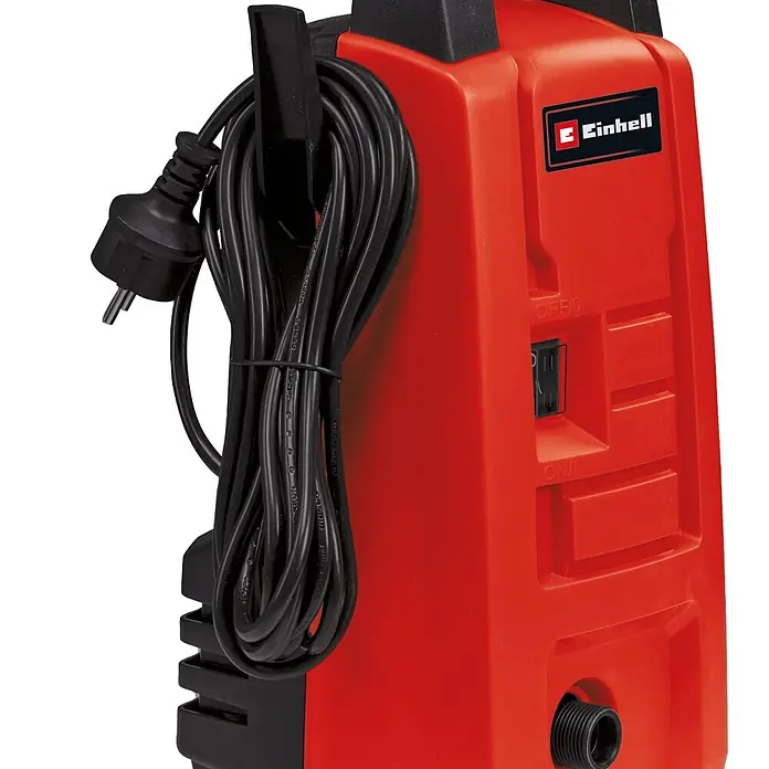 Einhell Classic Hochdruckreiniger TC-HP 90 - 1.200 W, Fördermenge: 372 l/h - Rotes und schwarzes Elektrowerkzeug mit aufgewickeltem schwarzem Netzkabel und Stecker, mit Einhell-Logo.