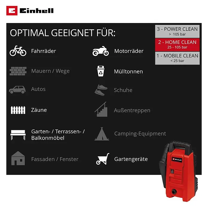 Einhell Classic Hochdruckreiniger TC-HP 90 - 1.200 W, Fördermenge: 372 l/h - Roter Einhell Hochdruckreiniger, ideal für verschiedene Reinigungsaufgaben von Fahrrädern bis Gartengeräten.