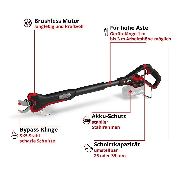 Einhell Professional PXC 18V Akku-Astschere GP-LS 18/35 Li BL - 35 mm - Elektrische Astschere mit Verlängerungsstange, bürstenlosem Motor, SK5-Bypass-Klinge, und verstellbarer Schnittkapazität für Äste bis 3m Höhe.