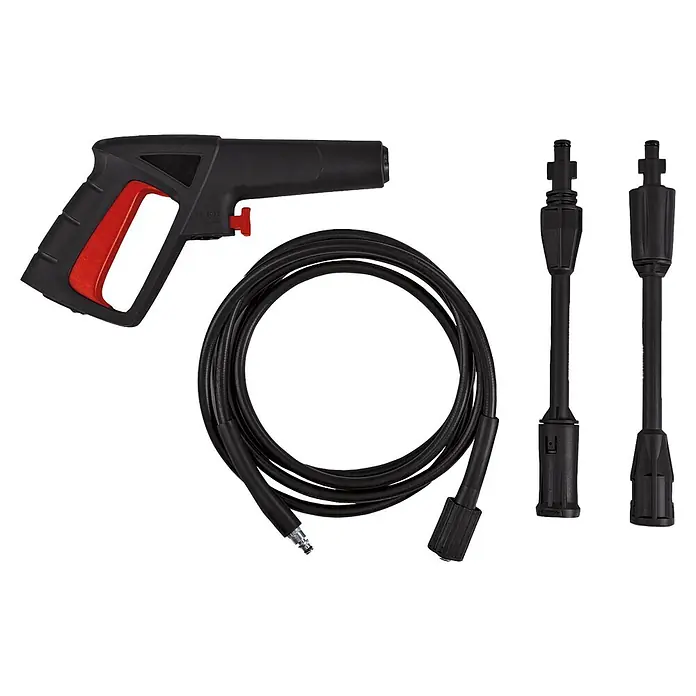 Einhell Classic Hochdruckreiniger TC-HP 90 - 1.200 W, Fördermenge: 372 l/h - Schwarze und rote Hochdruckreinigerpistole, aufgewickelter Hochdruckschlauch und zwei Lanzen zur Reinigung.