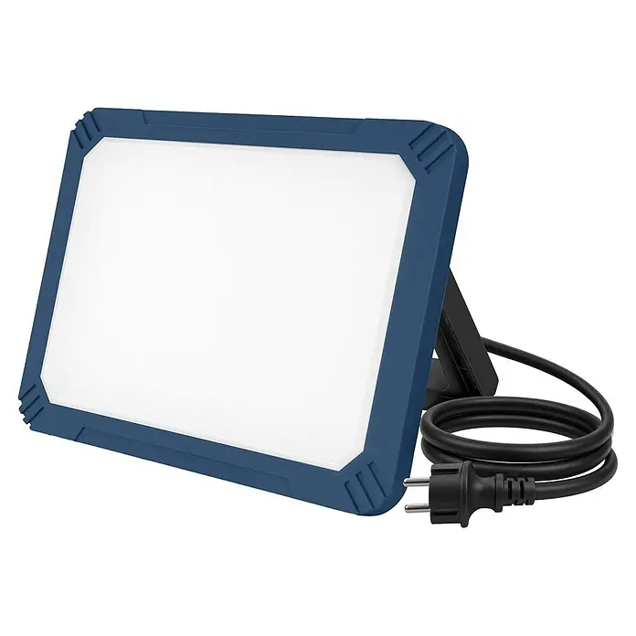 Profi Depot LED-Baustrahler - 50 W, 5.500 lm, 6.500 K, 15,5 x 21,5 x 8,7 cm, IP54 - Blau-weißer LED-Arbeitsscheinwerfer mit schwarzem Ständer und aufgerolltem Netzkabel mit Eurostecker.