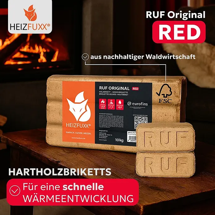 Heizfuxx RUF Original Red Holzbriketts Hartholz 10kg x 96 Gebinde 960kg Palette - 