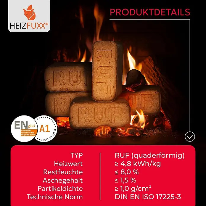 Heizfuxx RUF Original Red Holzbriketts Hartholz 10kg x 96 Gebinde 960kg Palette - 