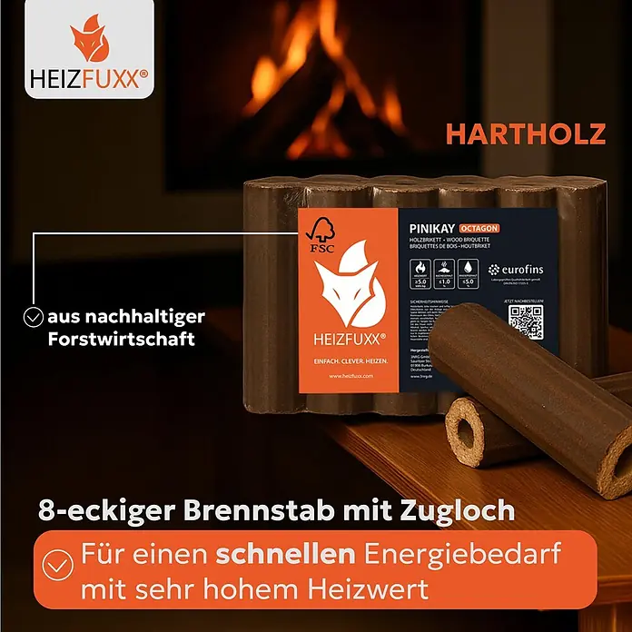 Heizfuxx Holzbriketts PiniKay Octagon Hartholz 10kg x 96 Gebinde 960kg Palette - 